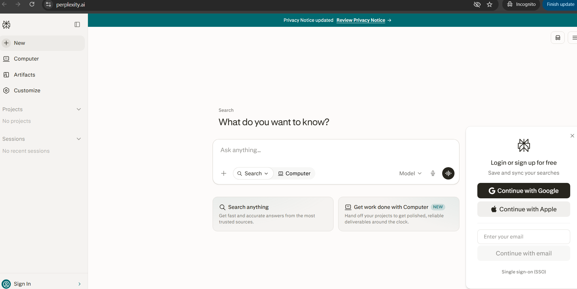"Screenshot of the Perplexity AI homepage showing a central search box with the prompt 'What do you want to know?' and options to search the web or use the Computer feature. The left sidebar includes navigation for New, Computer, Artifacts, Customize, Projects, and Sessions, while the right panel displays sign-in options using Google, Apple, or email.”