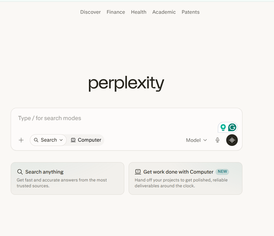 Perplexity AI homepage featuring a central search bar, search mode options, and cards for web search and AI-powered task completion.