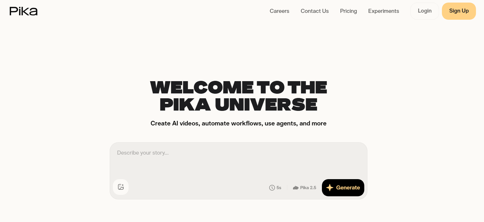 Pika AI homepage featuring the headline 