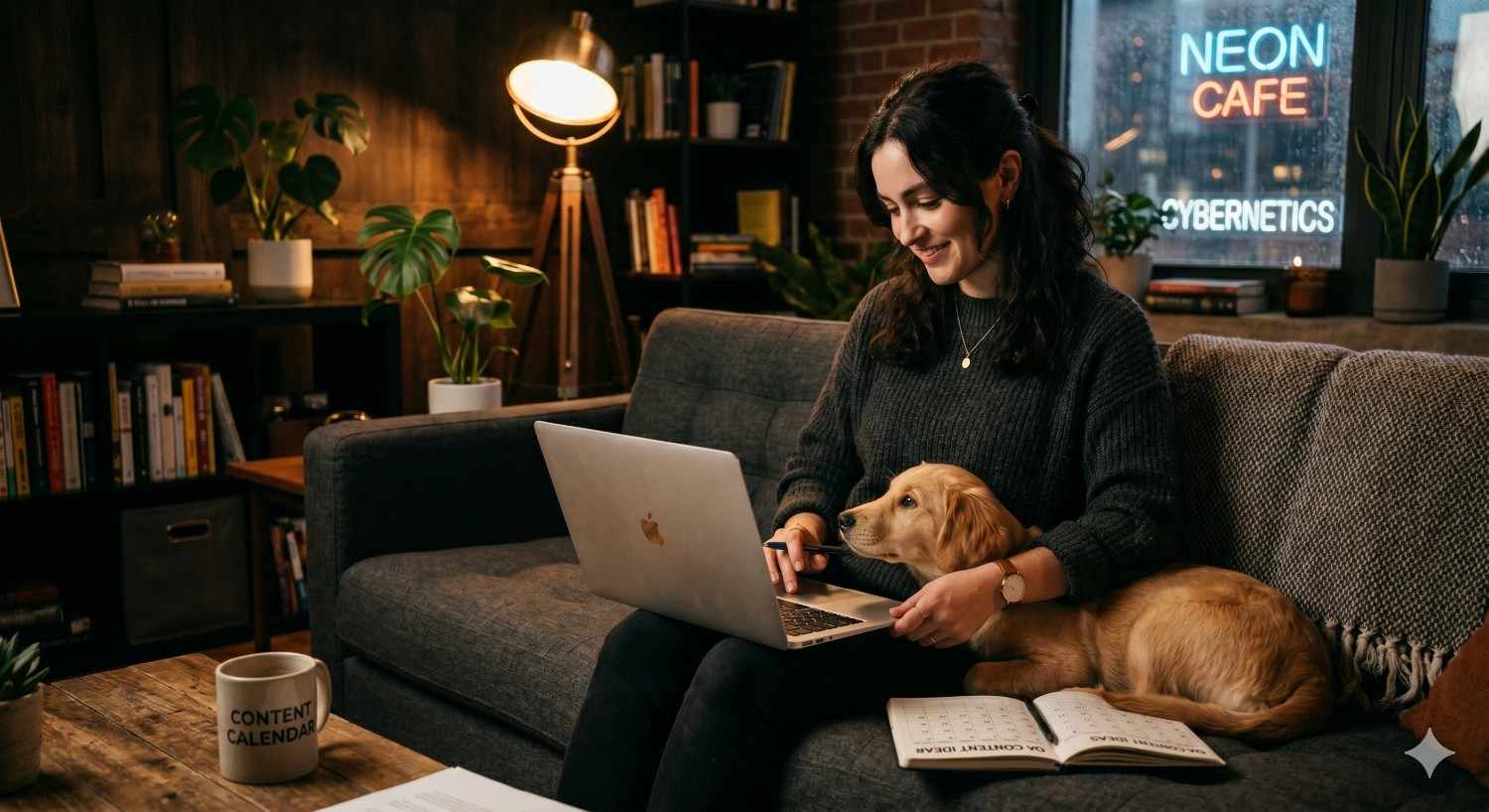 A woman sits on a couch with a laptop and a dog, working in a warm, cozy room with a 