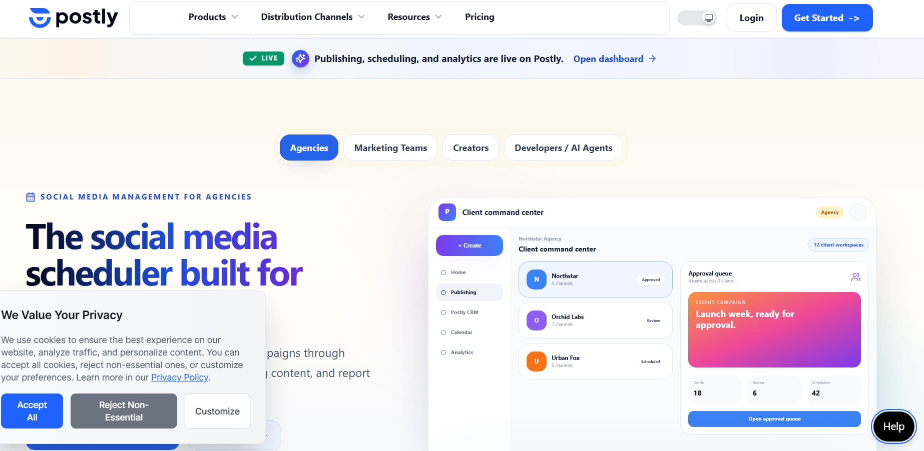 **Alt text:**
Screenshot of the Postly homepage promoting a social media scheduling platform for agencies. The page features the headline "The social media scheduler built for," audience tabs for agencies, marketing teams, creators, and developers, a client command center dashboard preview, top navigation with login and get started buttons, and a cookie consent banner in the bottom-left corner.