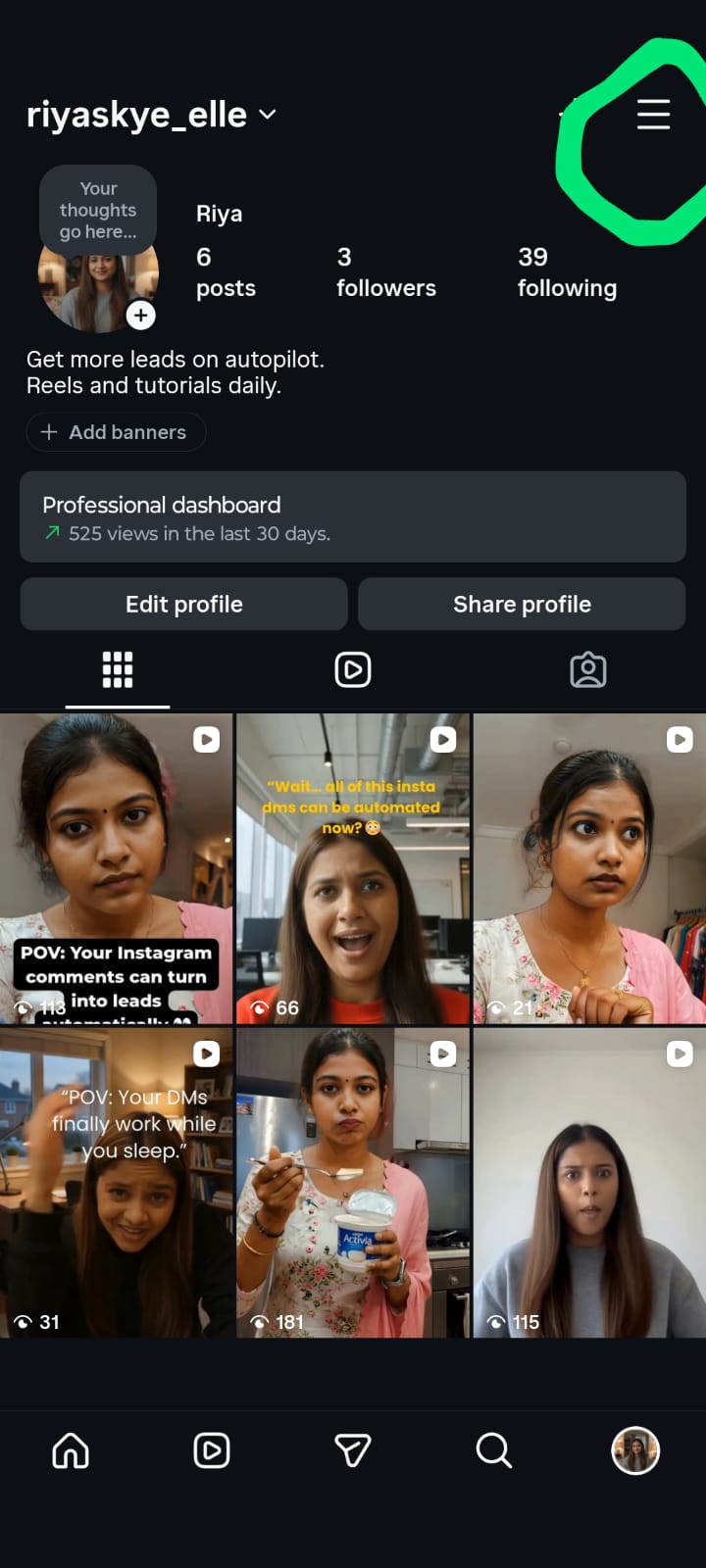 A screenshot of an Instagram profile page for the user 