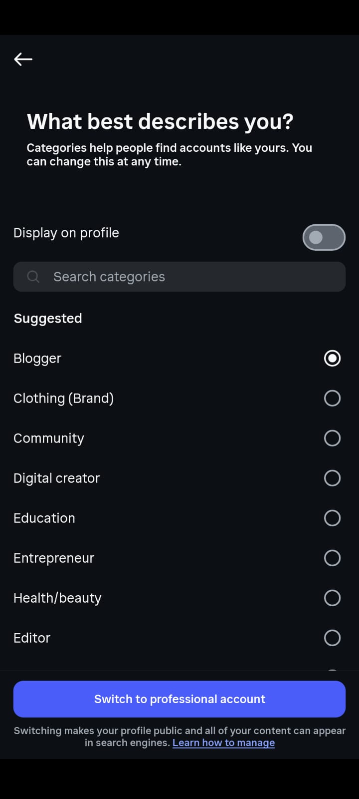 A screenshot of an Instagram category selection screen titled 