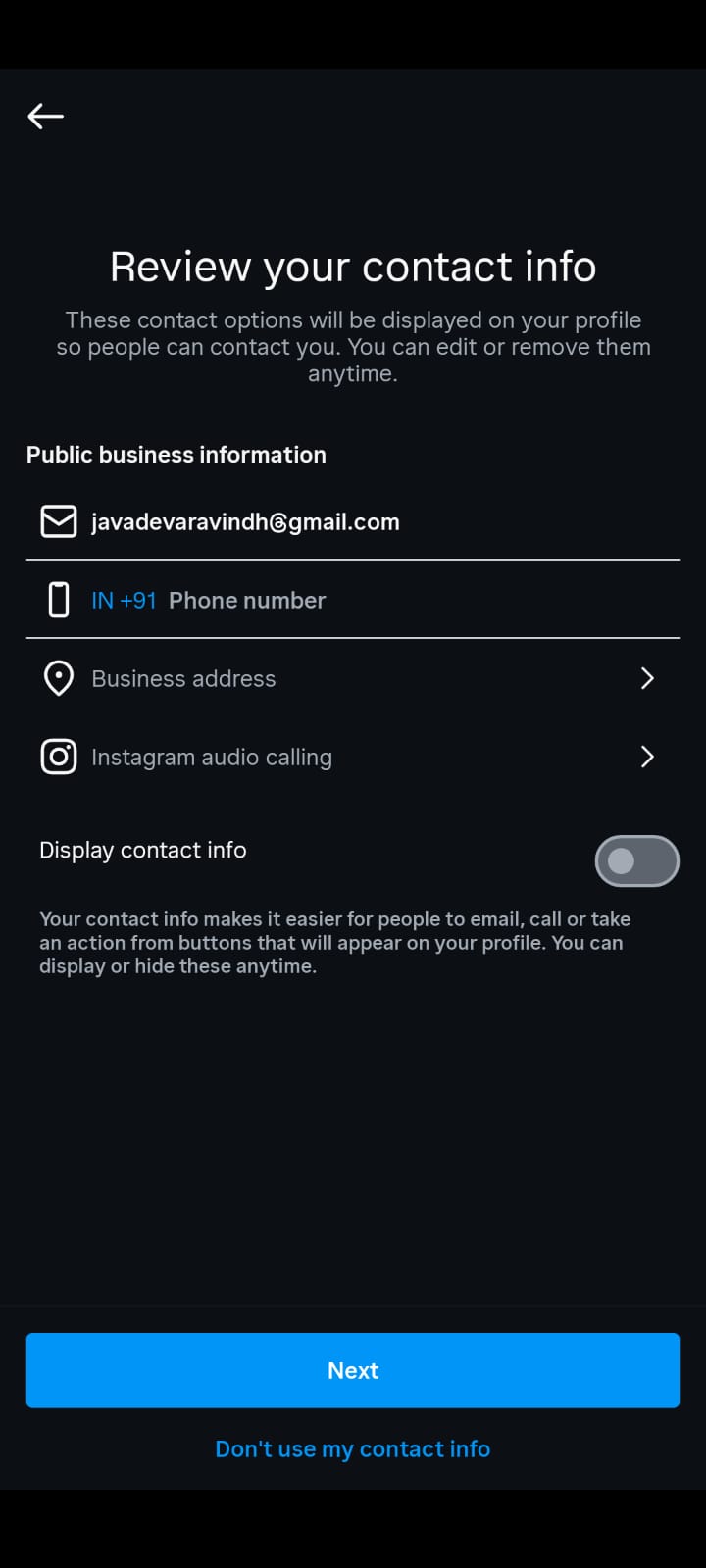 A screenshot of an Instagram setup screen titled 