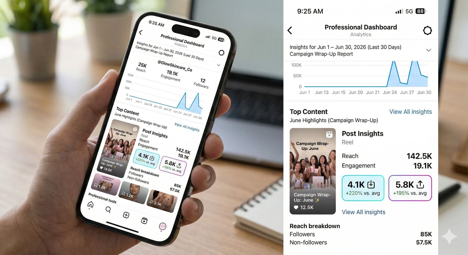 Side-by-side image showing a hand holding a smartphone on the left, and a zoomed-in screenshot on the right. Both display an Instagram Professional Dashboard showing a Campaign Wrap-Up report with a reach graph, engagement metrics, and top-performing Reel insights.
