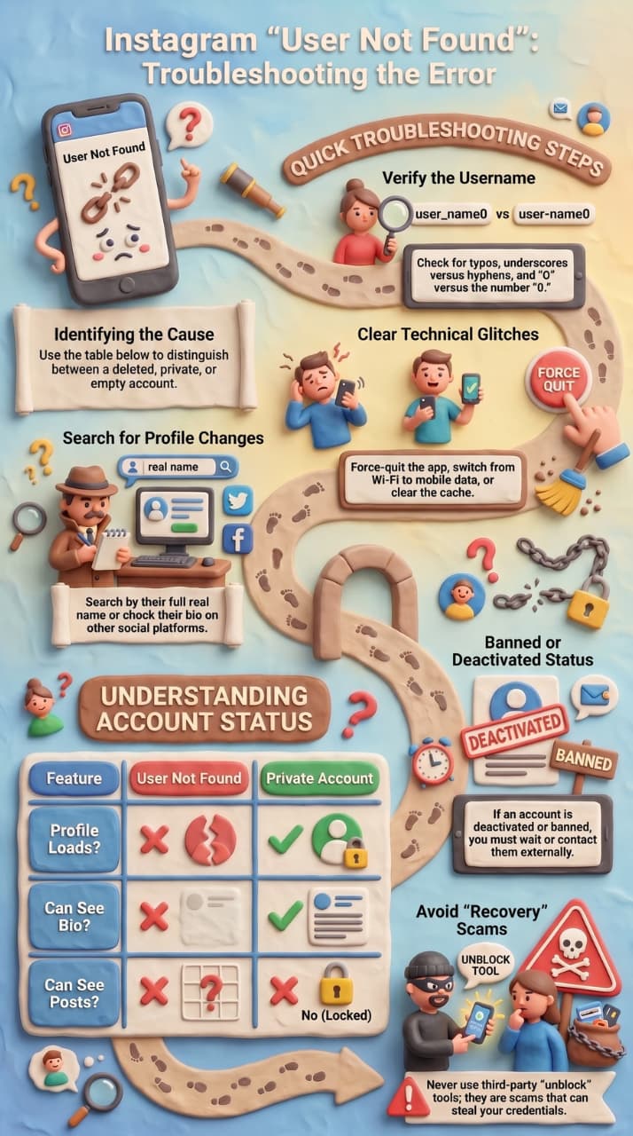 An educational infographic titled "Instagram 'User Not Found': Troubleshooting the Error" featuring a 3D claymation art style. A winding dirt path with footprints guides the viewer through different troubleshooting sections across a light blue and sandy yellow background.  Top Left: A clay smartphone displays a sad face icon under a broken chain and the text "User Not Found," surrounded by floating orange question marks.