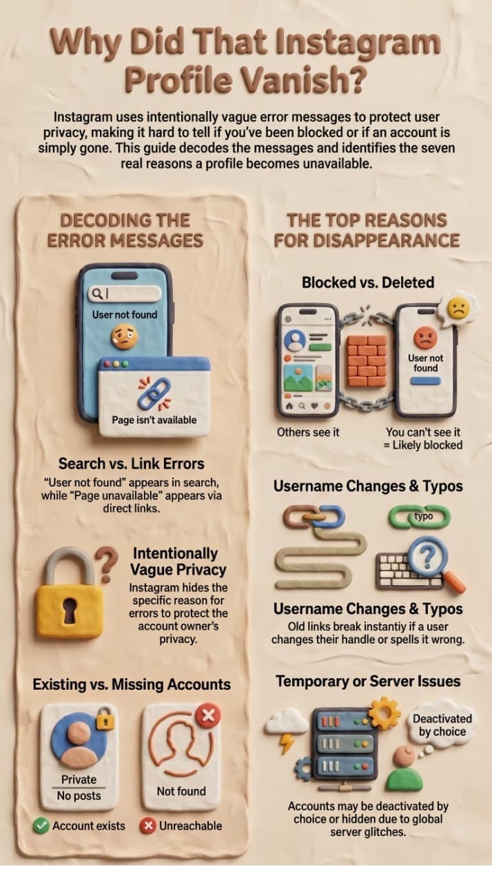 Search vs. Link Errors: Shows a 3D clay smartphone displaying "User not found" in a search bar next to a browser window tab displaying a broken link icon labeled "Page isn't available." Text explains that "User not found" appears in searches, while "Page unavailable" appears via direct links.