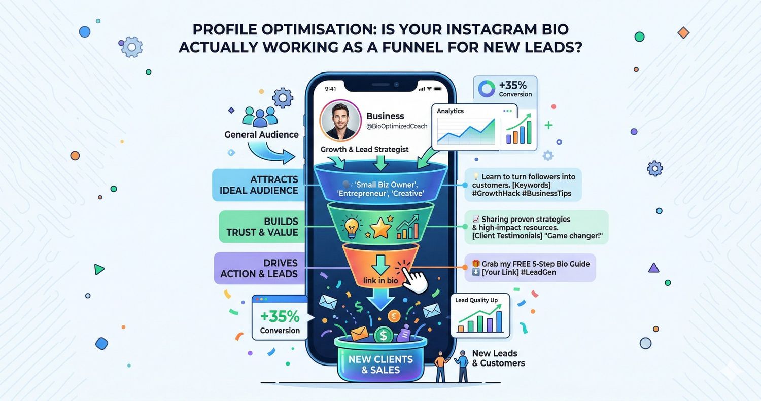 Infographic titled "Profile Optimisation: Is Your Instagram Bio Actually Working as a Funnel for New Leads?" showing a multi-stage funnel on a smartphone that converts a general audience into new clients and sales through strategic bio elements and a "link in bio" trigger.