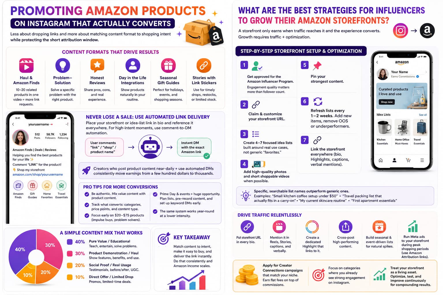 Infographic showing how influencers can promote Amazon products on Instagram using high-converting content formats, automated comment-to-DM link delivery, optimized Amazon storefronts, seasonal strategies, traffic sources, and a recommended 40/30/20/10 content mix.