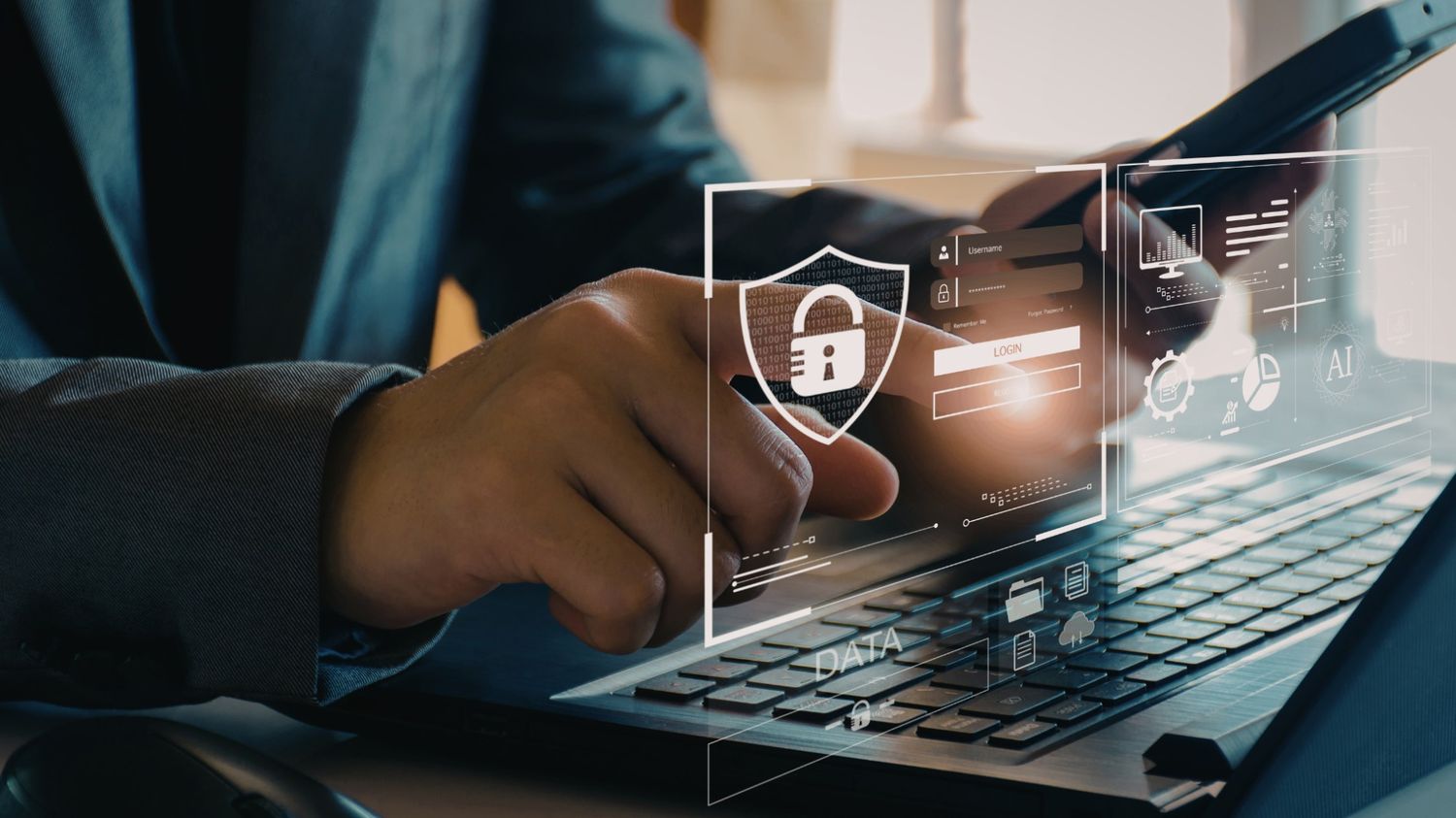 This image depicts a professional in a suit working on a laptop, with a glowing, futuristic digital security interface superimposed over the screen