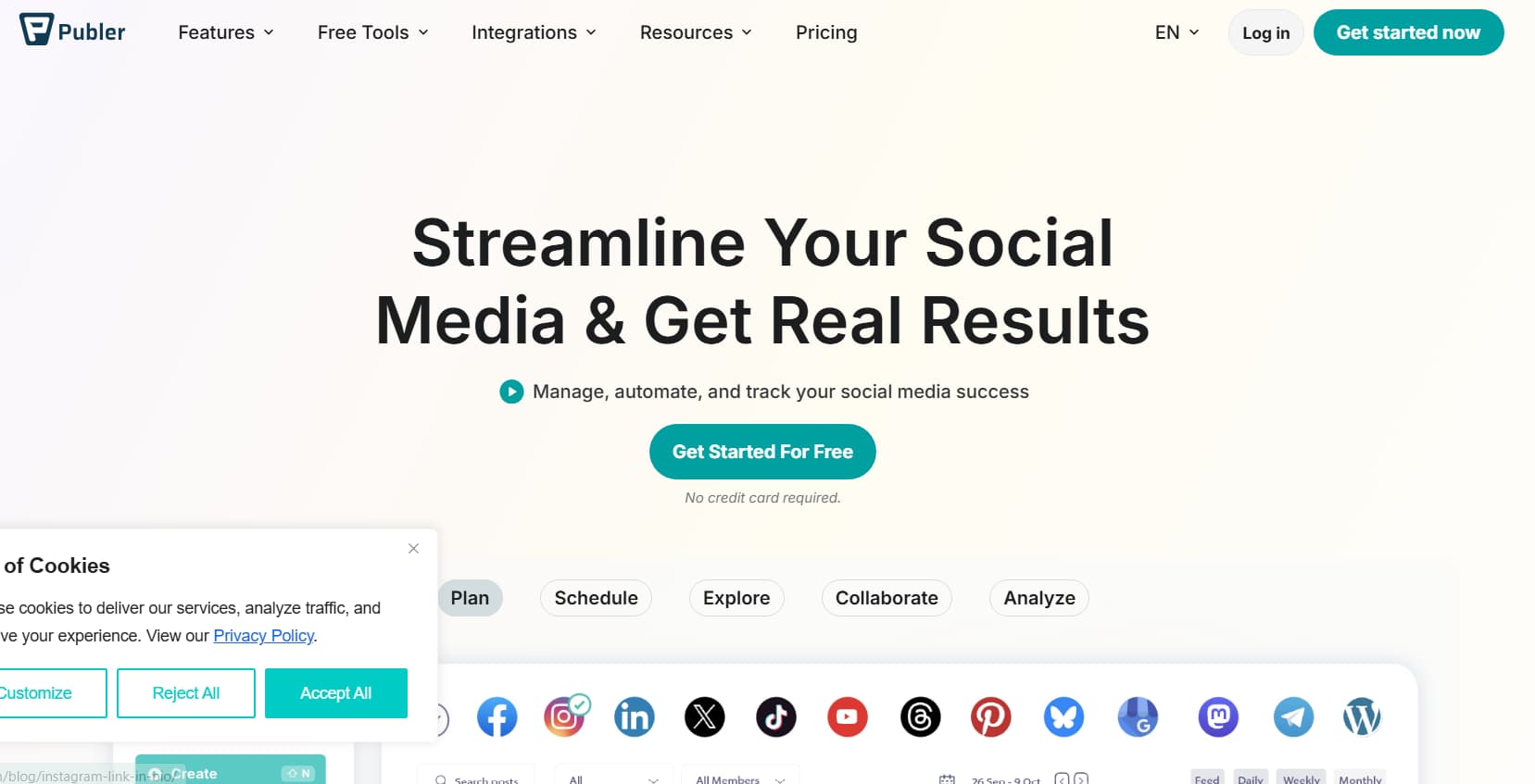 **Alt text:**
Screenshot of the Publer homepage featuring the headline "Streamline Your Social Media & Get Real Results." The page promotes social media management with a "Get Started For Free" button, navigation menu, social platform icons, feature tabs, and a cookie consent banner displayed in the bottom-left corner.