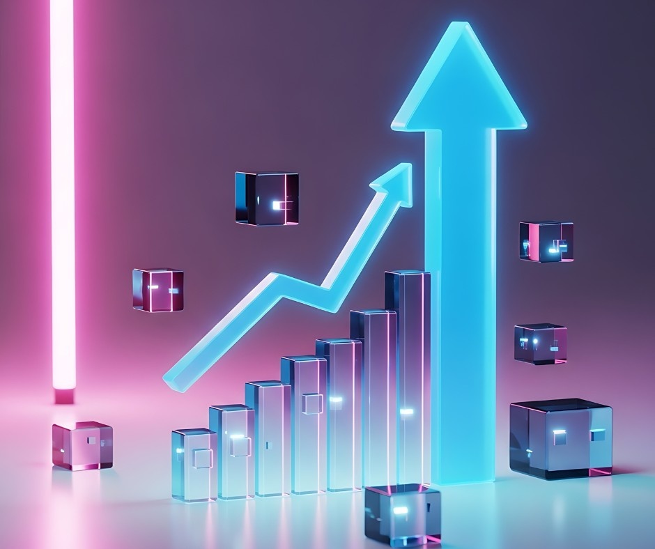 A futuristic 3D bar chart with glowing neon blue arrows pointing upward, representing rapid audience growth and successful digital marketing metrics. The scene features glass-like blocks and pink neon lighting on a purple-toned background.