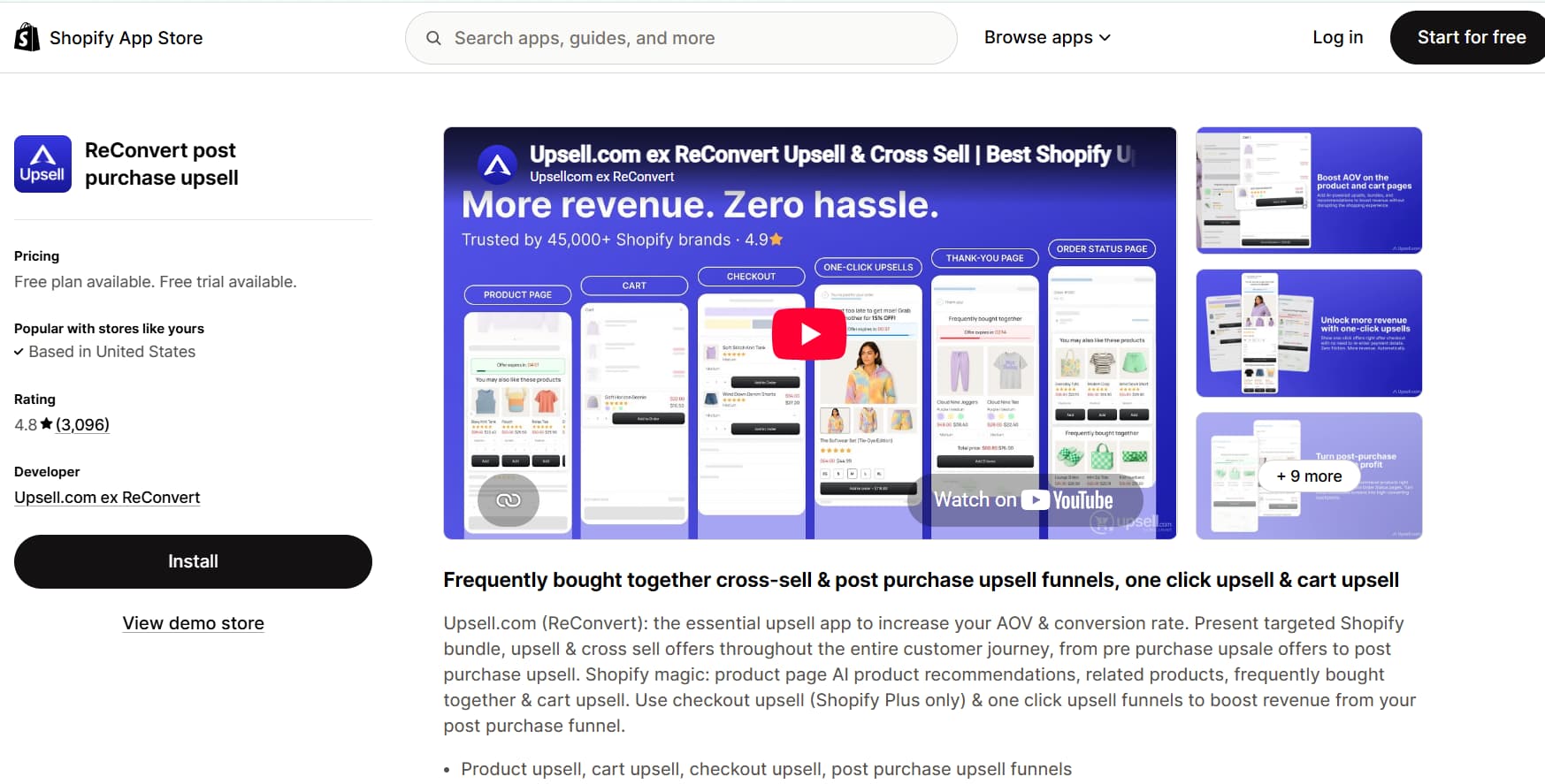 Shopify App Store listing for ReConvert post-purchase upsell, showcasing one-click upsells, cross-sells, cart upsells, and post-purchase offers.