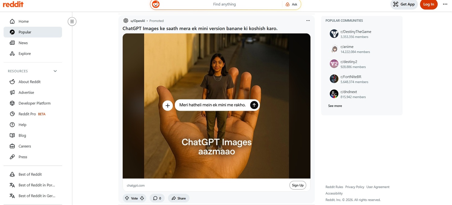 Screenshot of a promoted Reddit post by OpenAI featuring an AI-generated image of a small person standing in the palm of a hand, with Hindi text encouraging users to try ChatGPT images.