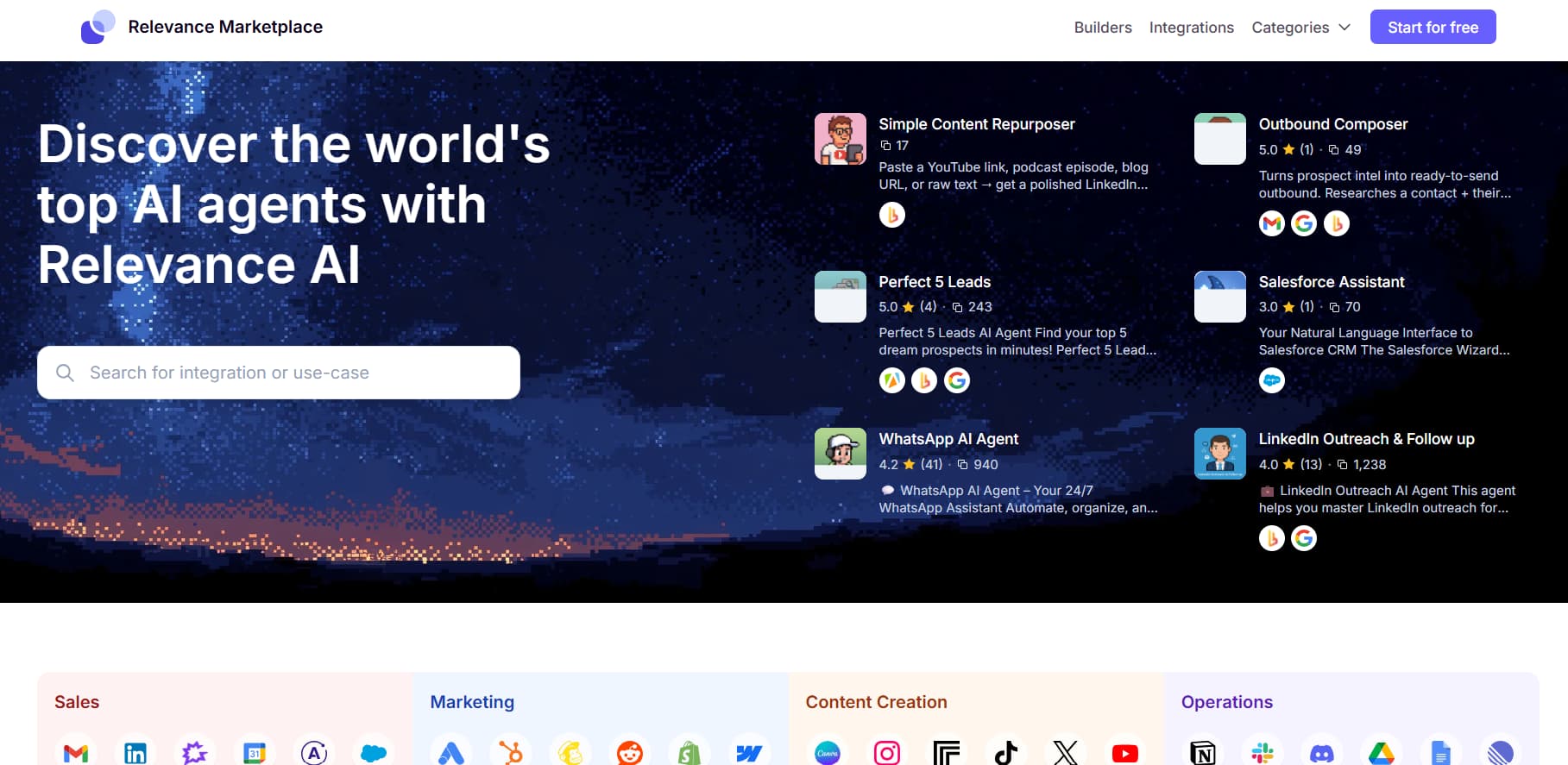 Relevance Marketplace homepage showcasing AI agents for sales, marketing, content creation, and operations, with a search bar and featured agents such as WhatsApp AI Agent and Salesforce Assistant.
