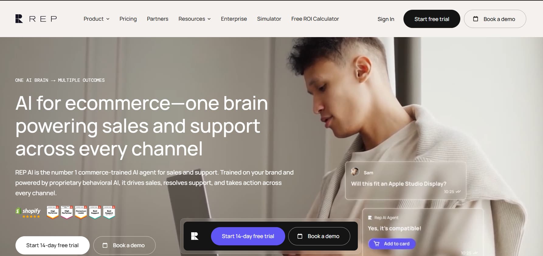 : REP AI ecommerce platform homepage showcasing an AI agent that powers sales and customer support across channels, with a product compatibility chat and add-to-cart interaction.