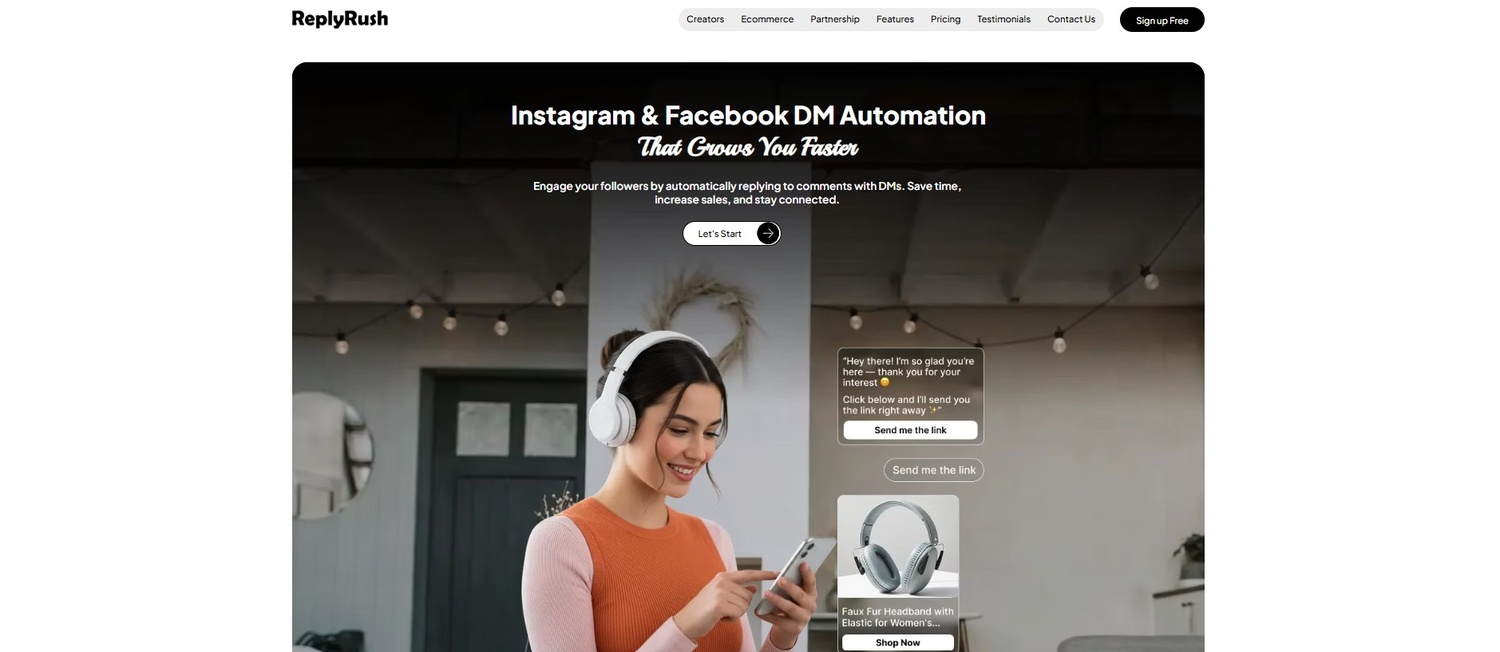 The landing page for ReplyRush features the headline 