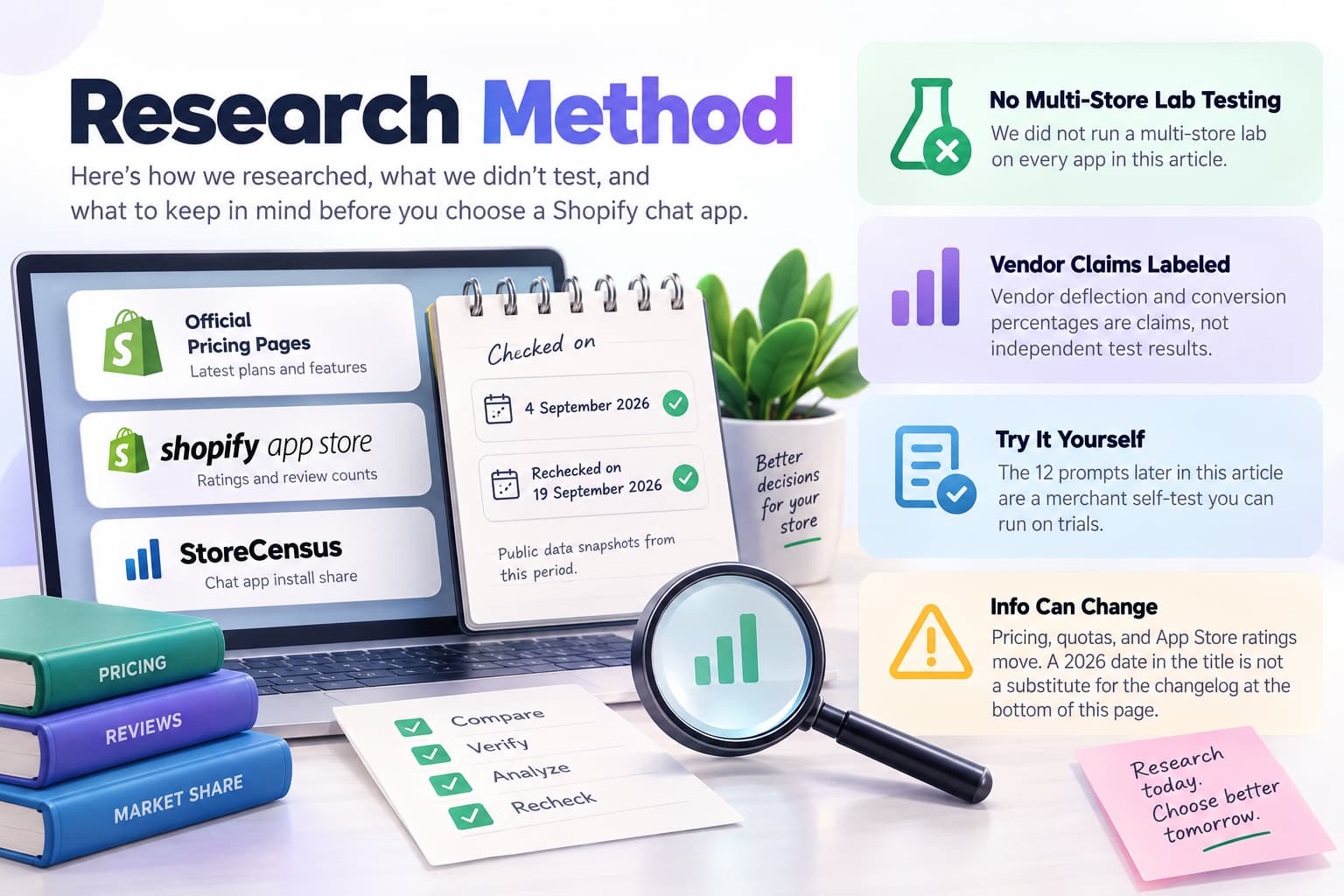Research method infographic showing Shopify chat app pricing, App Store ratings, StoreCensus data, research dates, testing limitations, vendor claims, self-testing, and changing app information.