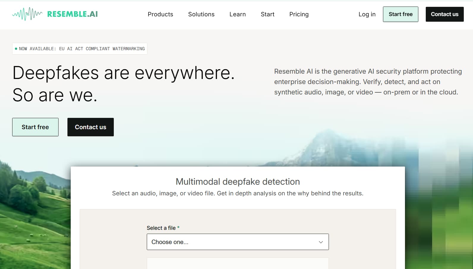 Resemble AI homepage showcasing its generative AI security platform and multimodal deepfake detection tool for analyzing audio, image, and video files.