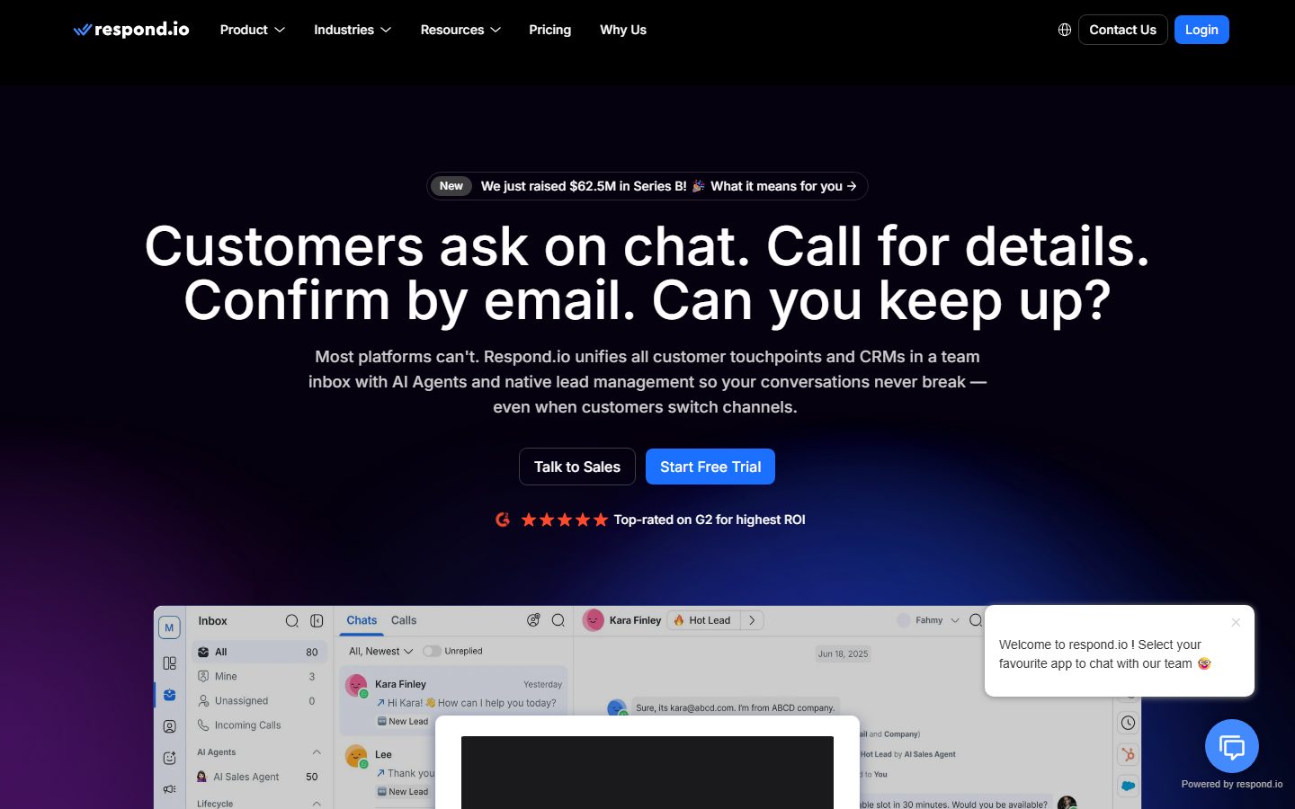 Respond.io homepage, August 2026, showing the team inbox product and Start Free Trial