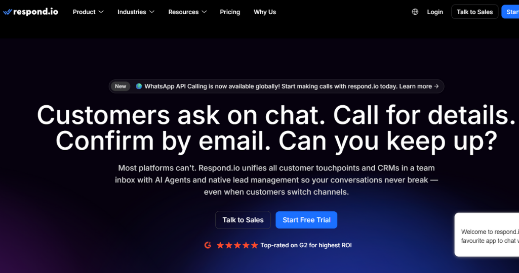 Respond.io homepage featuring the headline 