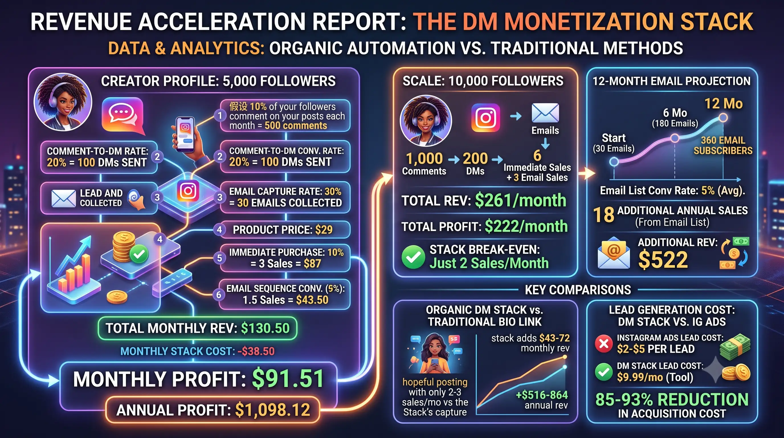 A complex, data-driven infographic comparing creator revenue streams, rendered in a futuristic, neon-accented 3D digital style. The image is split into multiple panels, contrasting automated DM monetization with traditional methods.
The top title reads: 