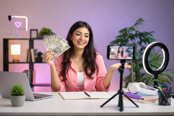 A young woman sits at a desk in a vibrantly lit home studio, smiling enthusiastically while recording a video on a smartphone mounted on a tripod. She is holding a fan of US dollar bills in one hand and gesturing toward the camera with the other. Her desk setup includes a laptop, an open notebook, headphones, and a ring light. The background features shelves with books, decorative items, indoor plants, and ambient purple and pink lighting.