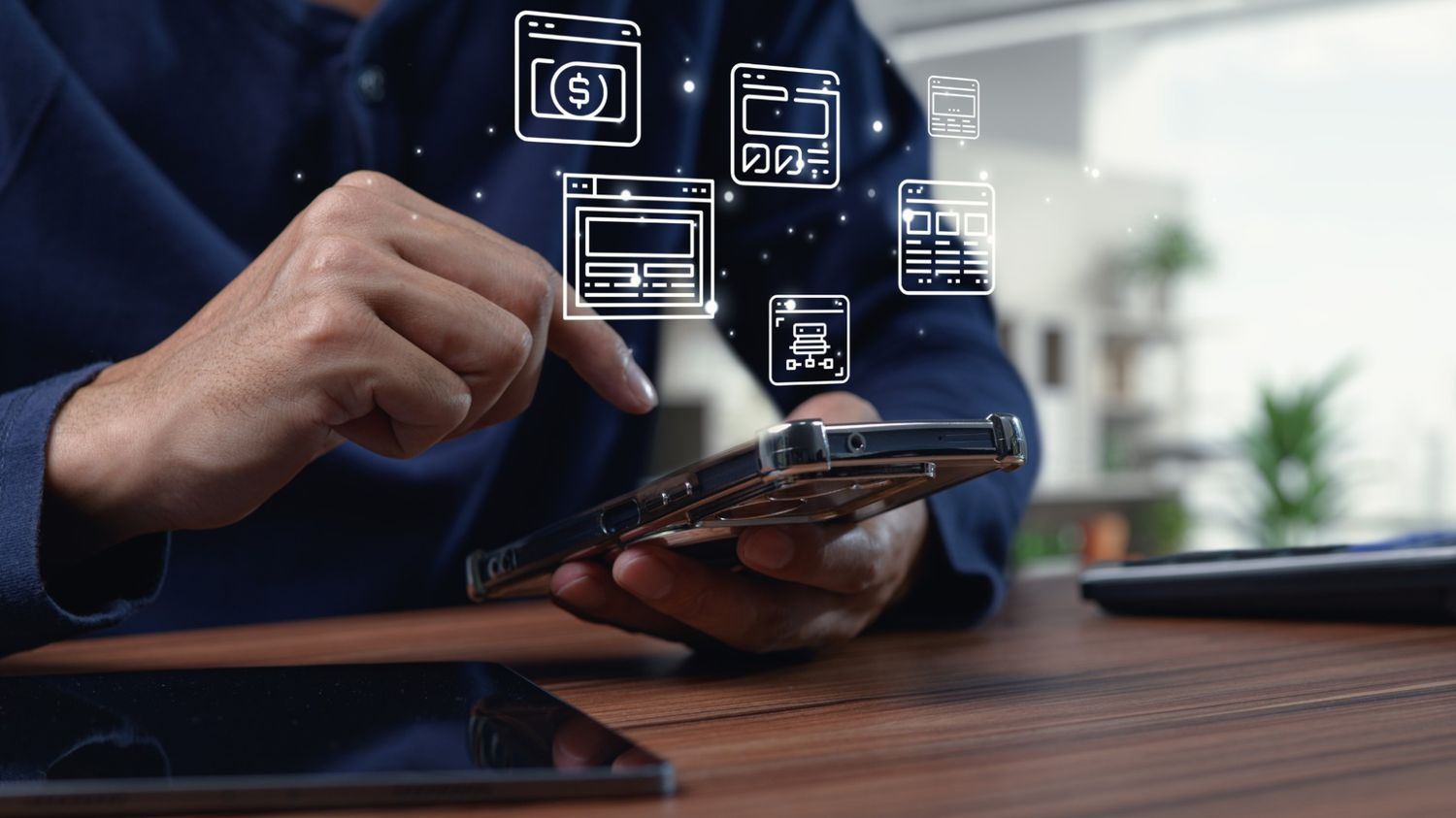 Close-up of a person's hands tapping on a smartphone, with floating white digital interface icons representing web pages, data structures, and finance appearing above the screen.