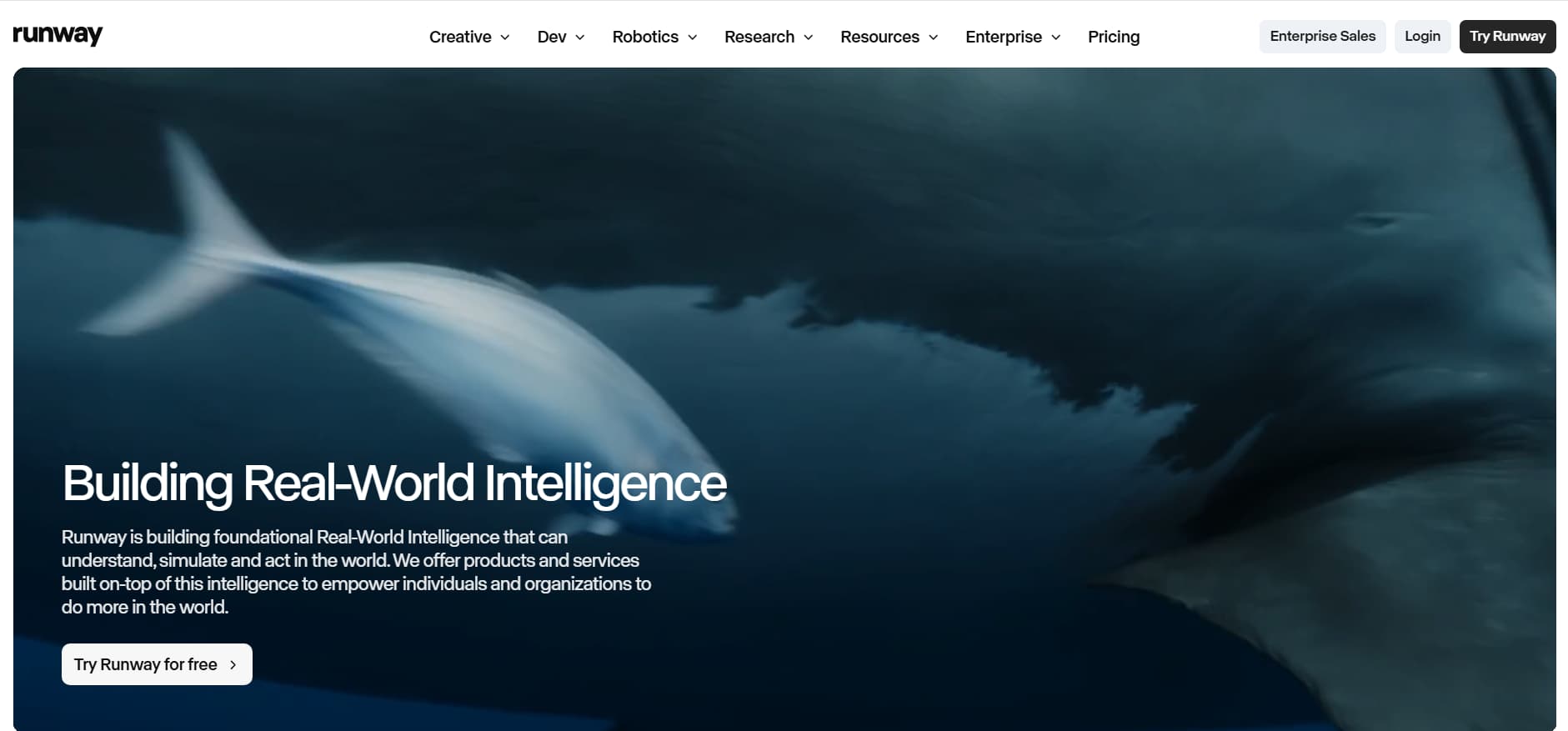 Runway AI homepage featuring an underwater scene with a whale and a fish, alongside the headline 