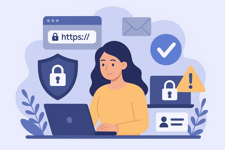 A flat vector illustration of a smiling woman in a yellow sweater sitting at a desk and typing on a laptop. She is surrounded by floating digital security icons, including a secure HTTPS browser window, a shield with a padlock, an envelope, a checkmark, a user ID card, and a second laptop displaying a padlock and a warning triangle, all set against a light blue background with decorative leaves.