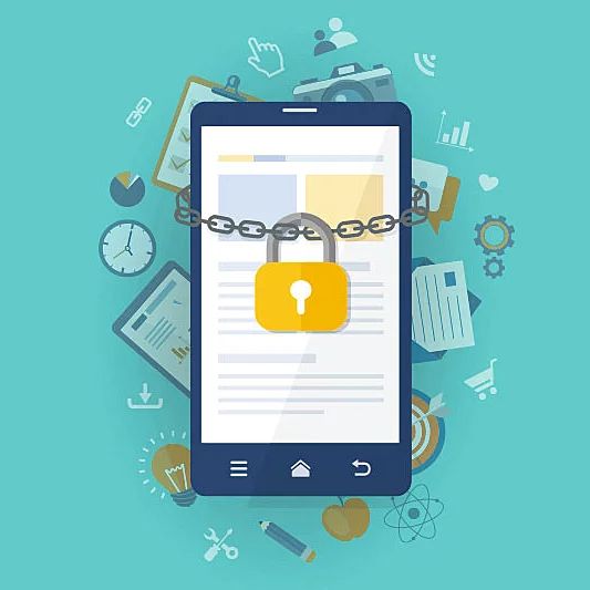 A smartphone graphic wrapped in a metal chain and secured with a large yellow padlock, surrounded by various digital lifestyle icons.