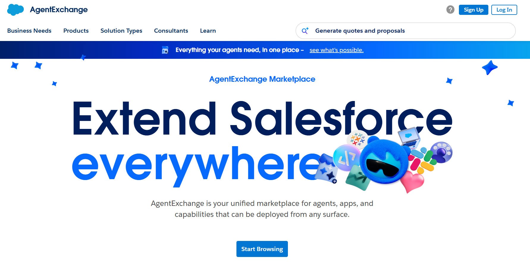 AgentExchange Marketplace homepage featuring the headline “Extend Salesforce everywhere,” with an AI agent graphic and a “Start Browsing” button.