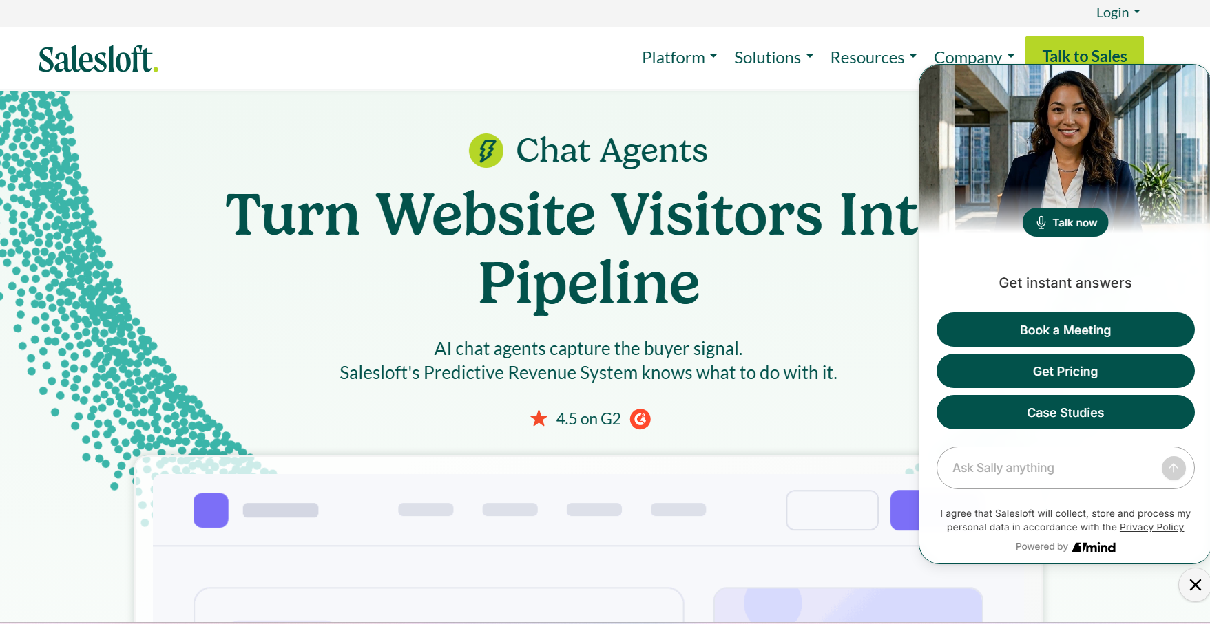 Salesloft website hero section promoting AI chat agents that turn website visitors into sales pipeline, with a chat widget offering booking, pricing, and case study options.
