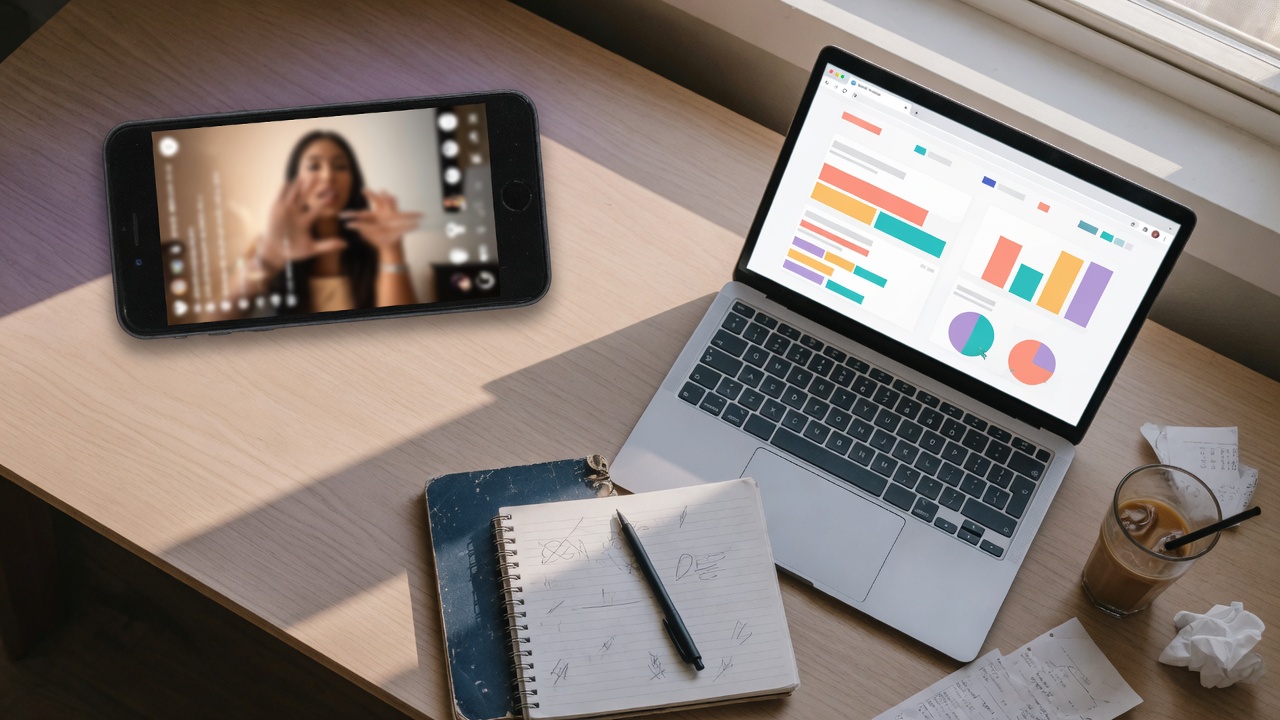 A phone and a laptop on a desk, video on the phone and a simple ads chart on the screen