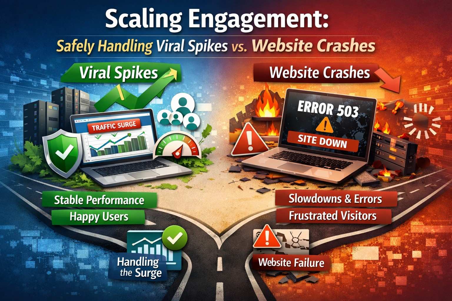 A split-screen digital illustration titled "Scaling Engagement: Safely Handling Viral Spikes vs. Website Crashes," contrasting a healthy, high-traffic website with a failing one showing "ERROR 503."