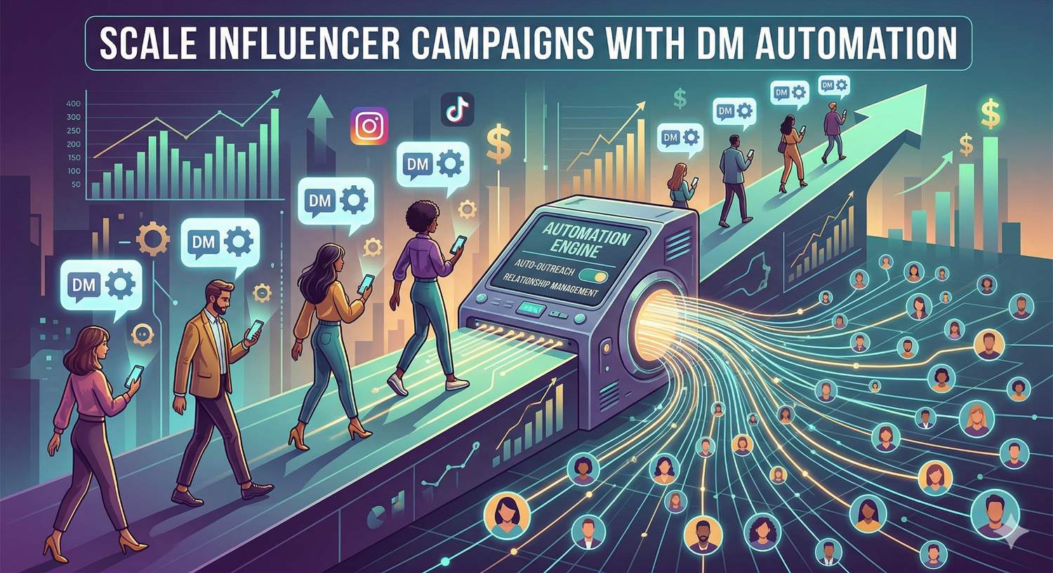 This image highlights how automation can transform influencer marketing from a manual, one-by-one process into a high-scale growth engine. It illustrates the transition from individual outreach to a networked system.