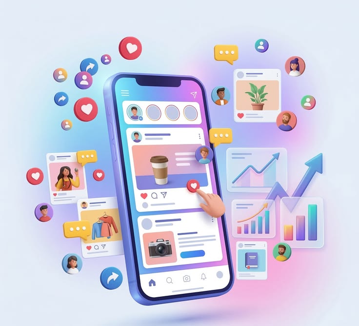 A vibrant 3D illustration features a smartphone displaying a social media feed, where a hand is shown tapping a heart icon on a post. The device is surrounded by a dynamic array of floating social media notifications, user avatars, content cards, and upward-trending analytics charts set against a soft pastel background.