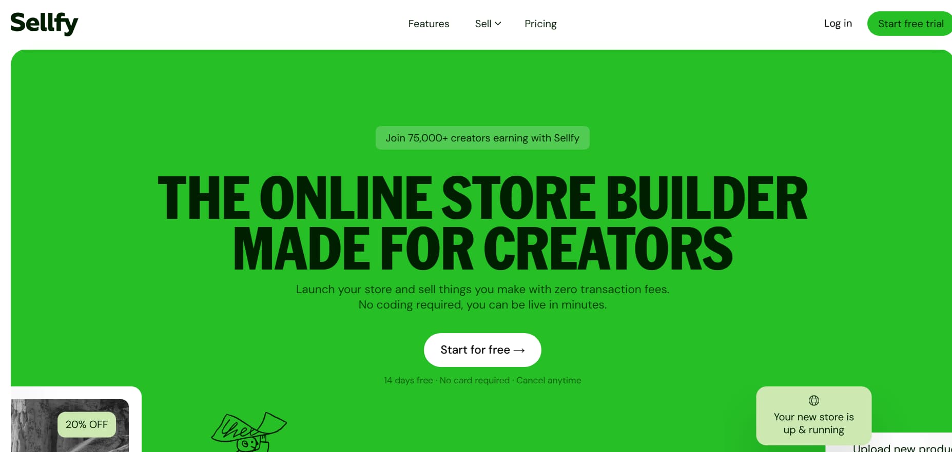 Sellfy homepage featuring the headline 