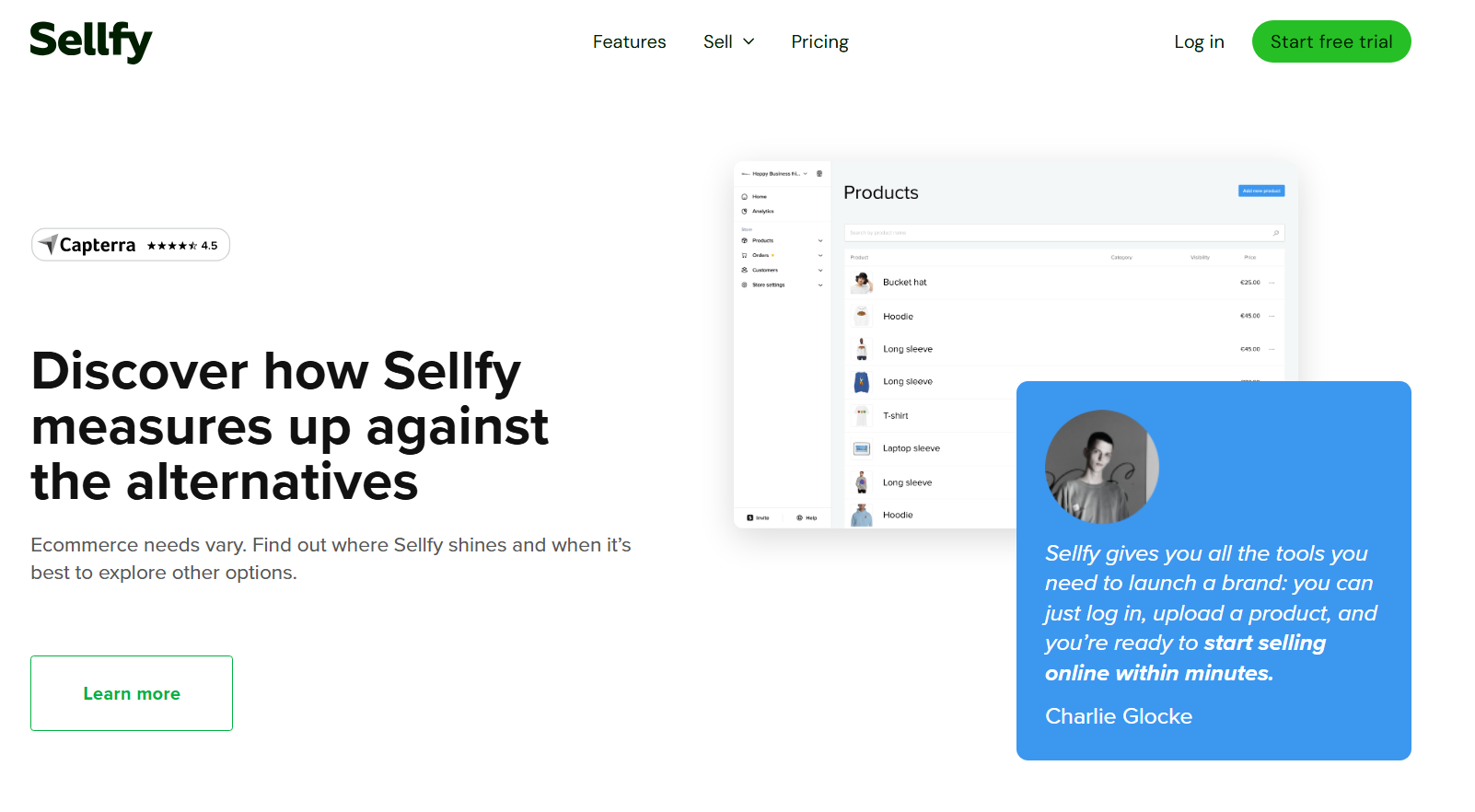 Sellfy webpage comparing its platform with alternatives, featuring the headline 