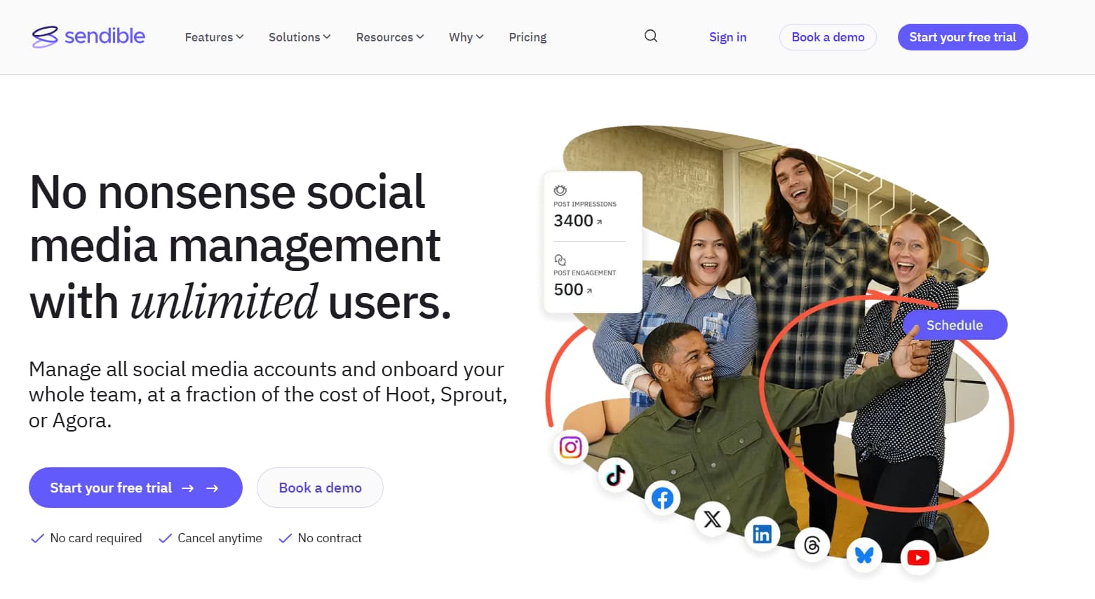 Sendible homepage hero section promoting social media management software with unlimited users. The page features the headline 