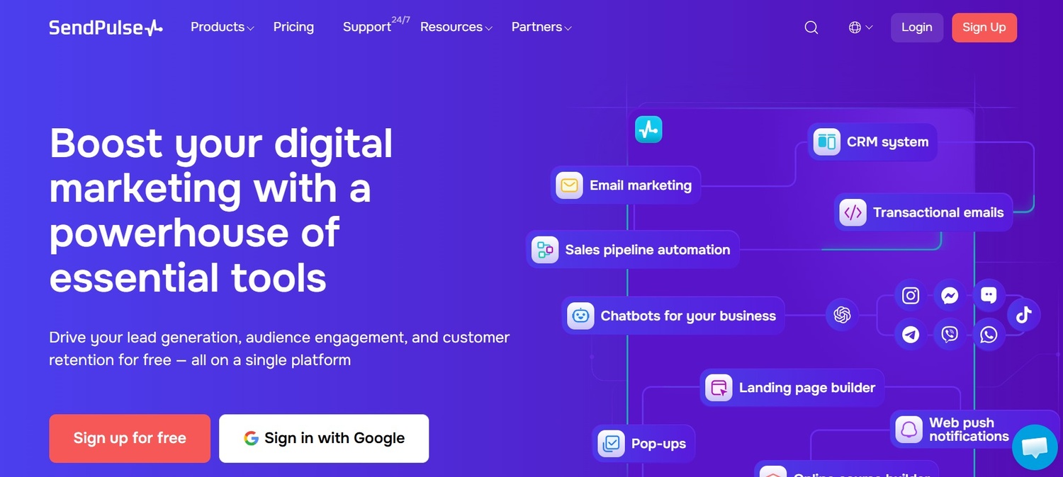Screenshot of the SendPulse homepage with a purple background. The main headline reads 'Boost your digital marketing with a powerhouse of essential tools,' alongside a visual flowchart connecting features like email marketing, CRM, sales pipeline automation, and social media chatbots.