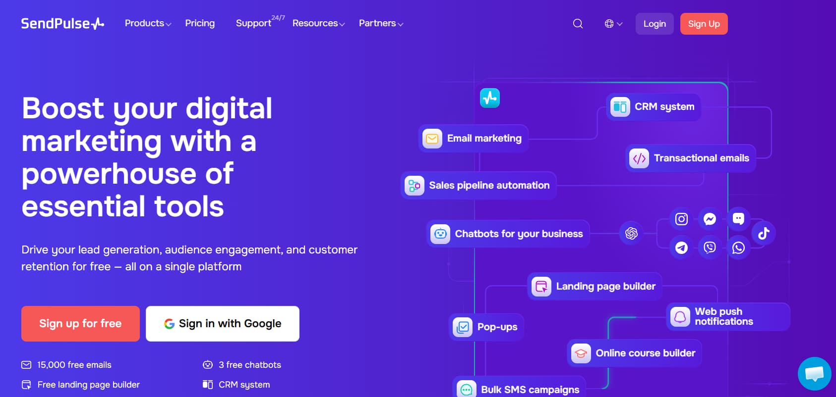 SendPulse homepage highlighting its all-in-one digital marketing platform with email marketing, CRM, chatbots, sales automation, landing pages, web push notifications, and multi-channel messaging tools for business growth.