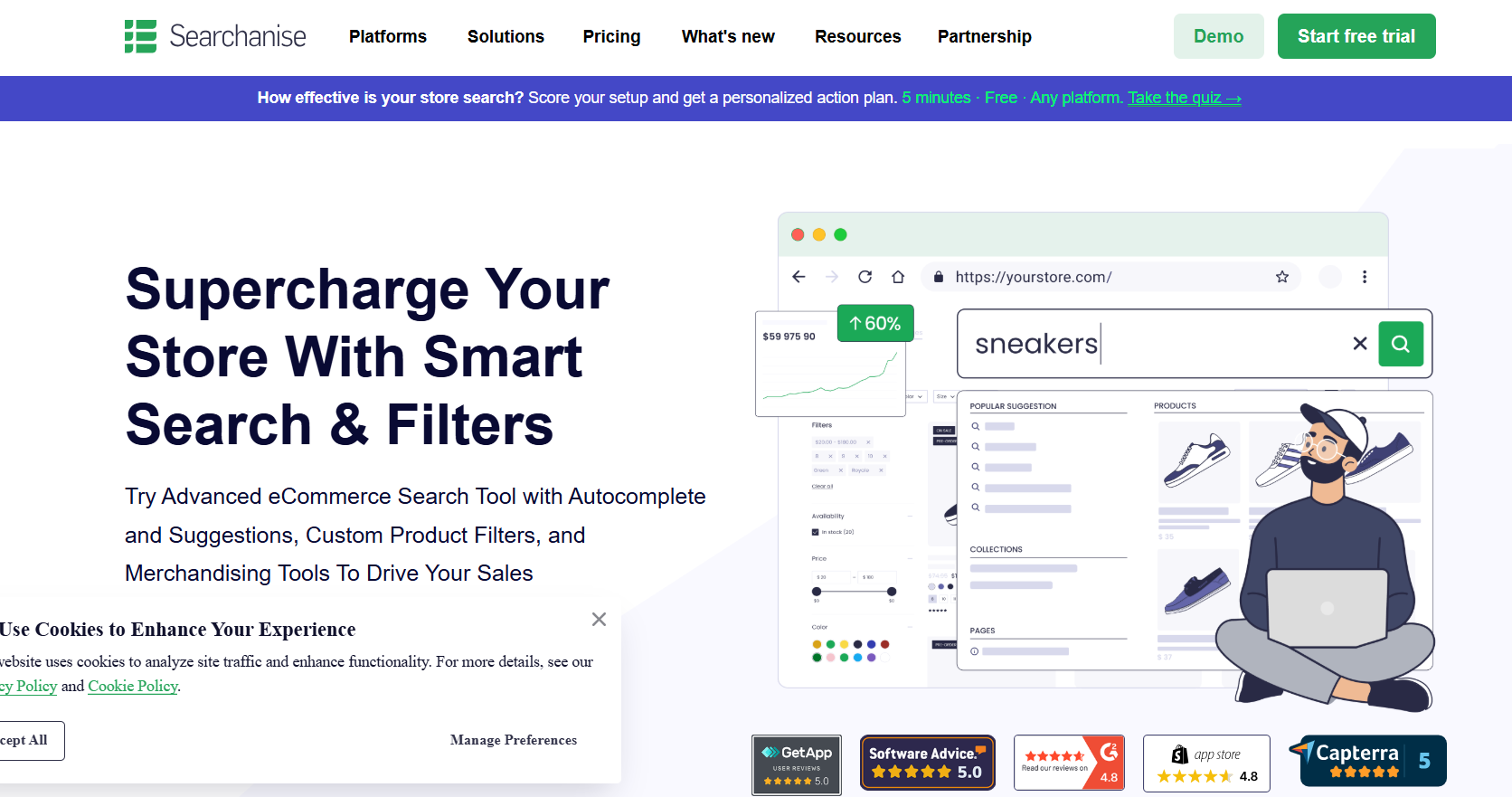 Searchanise ecommerce search and filters platform homepage showcasing smart store search, autocomplete, product filters, and merchandising tools.