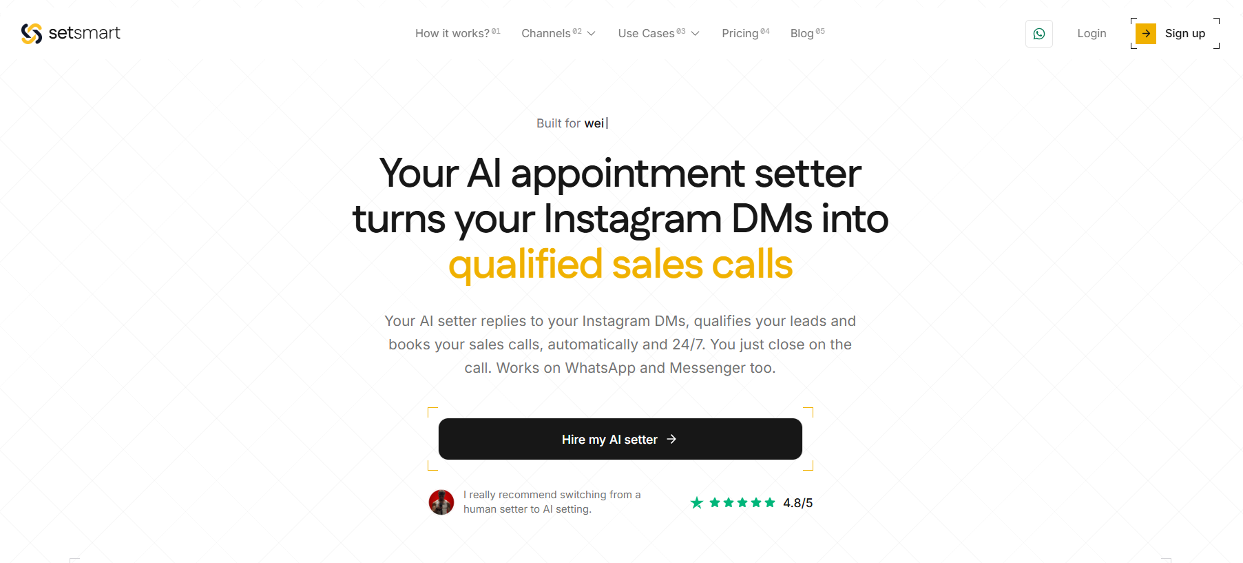 Setsmart AI appointment setter homepage showing automated Instagram DM lead qualification and sales call booking across Instagram, WhatsApp, and Messenger.
