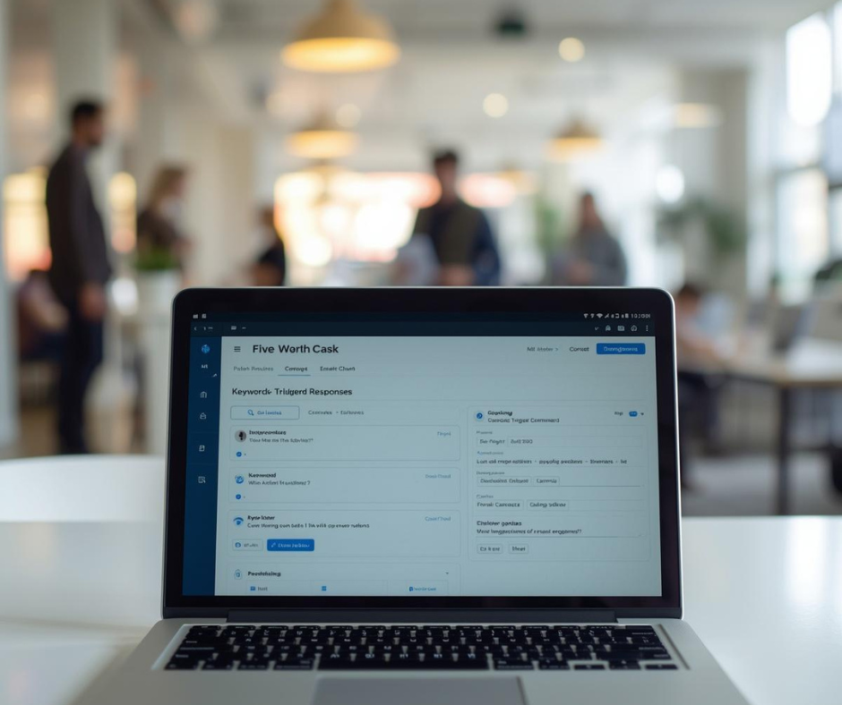 Gemini said
A sharp focus on a laptop screen displaying a software interface for setting up "Keywords Triggered Responses," positioned on a desk in a modern, blurred office environment.