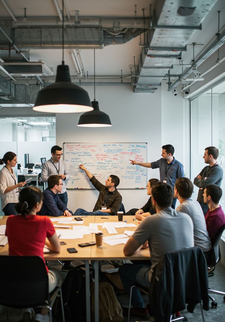 A team of professionals collaborating and brainstorming around a conference table and a whiteboard in a modern office.
