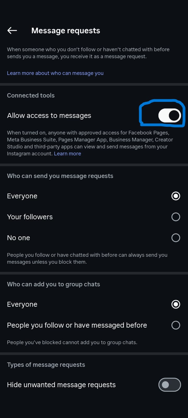Screenshot of Instagram's Message Requests settings screen in dark mode, emphasizing the