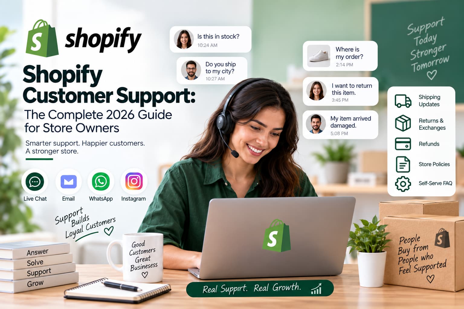 Shopify customer support hero image featuring a support agent at a laptop, customer chat messages, live chat, email, WhatsApp and Instagram icons, and panels for shipping, returns, refunds, store policies, and FAQs.