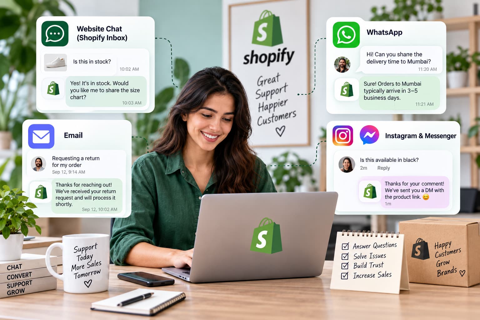 Shopify customer support channels infographic showing Website Chat, Email, WhatsApp, and Instagram & Messenger conversations managed by a support representative, with examples of product, order, return, and delivery questions.