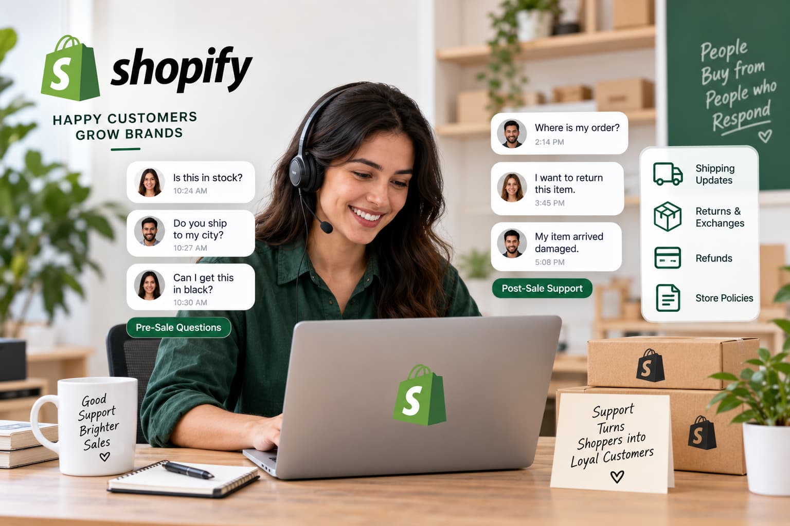 Shopify customer support representative using a laptop with pre-sale and post-sale customer questions, including stock, shipping, returns, damaged items, refunds, and store policies.